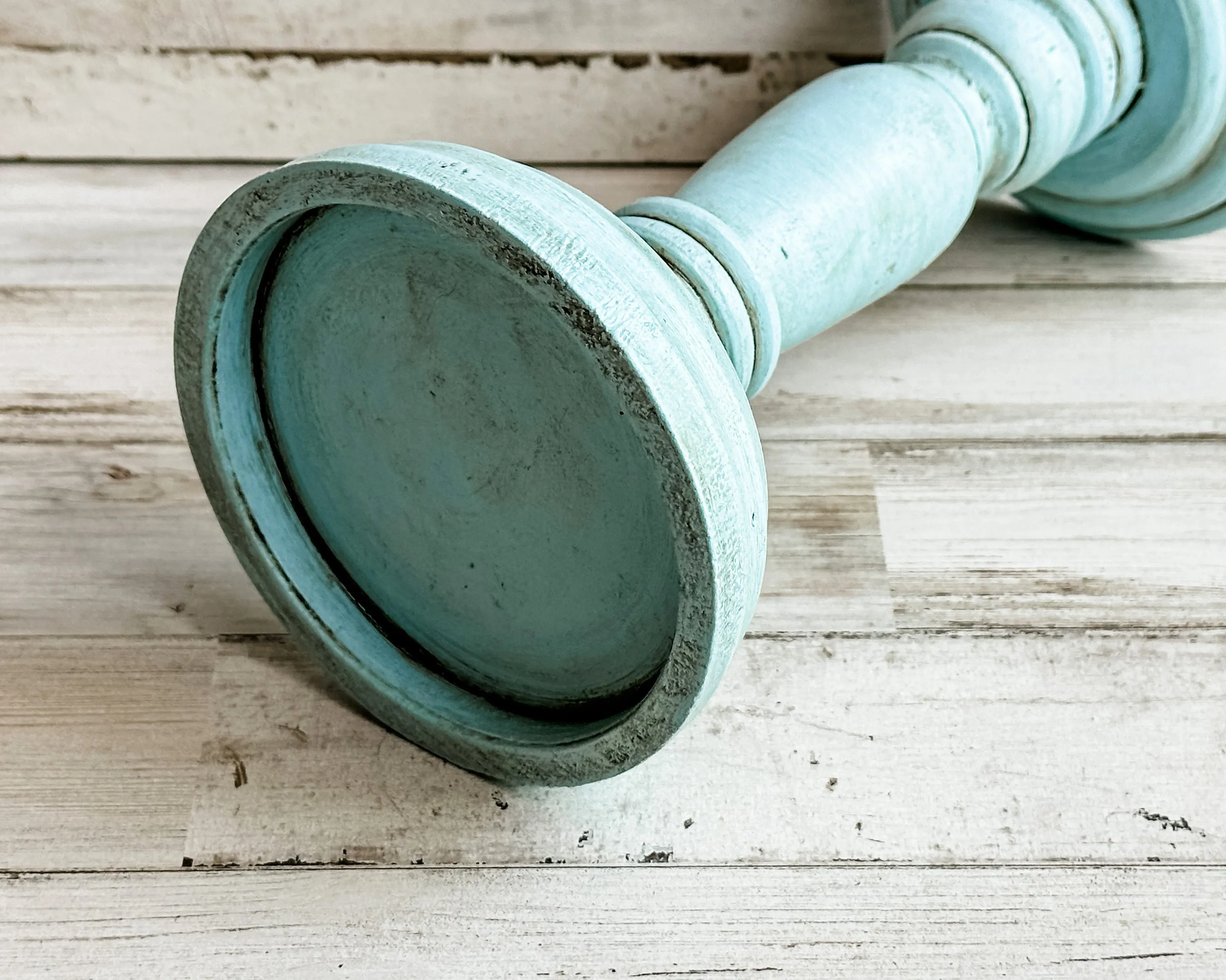 Robin's egg blue wooden pillar candle holder