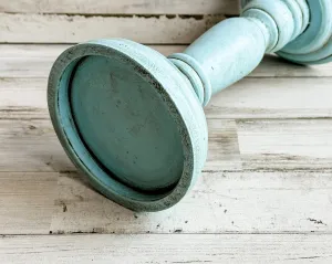 Robin's egg blue wooden pillar candle holder