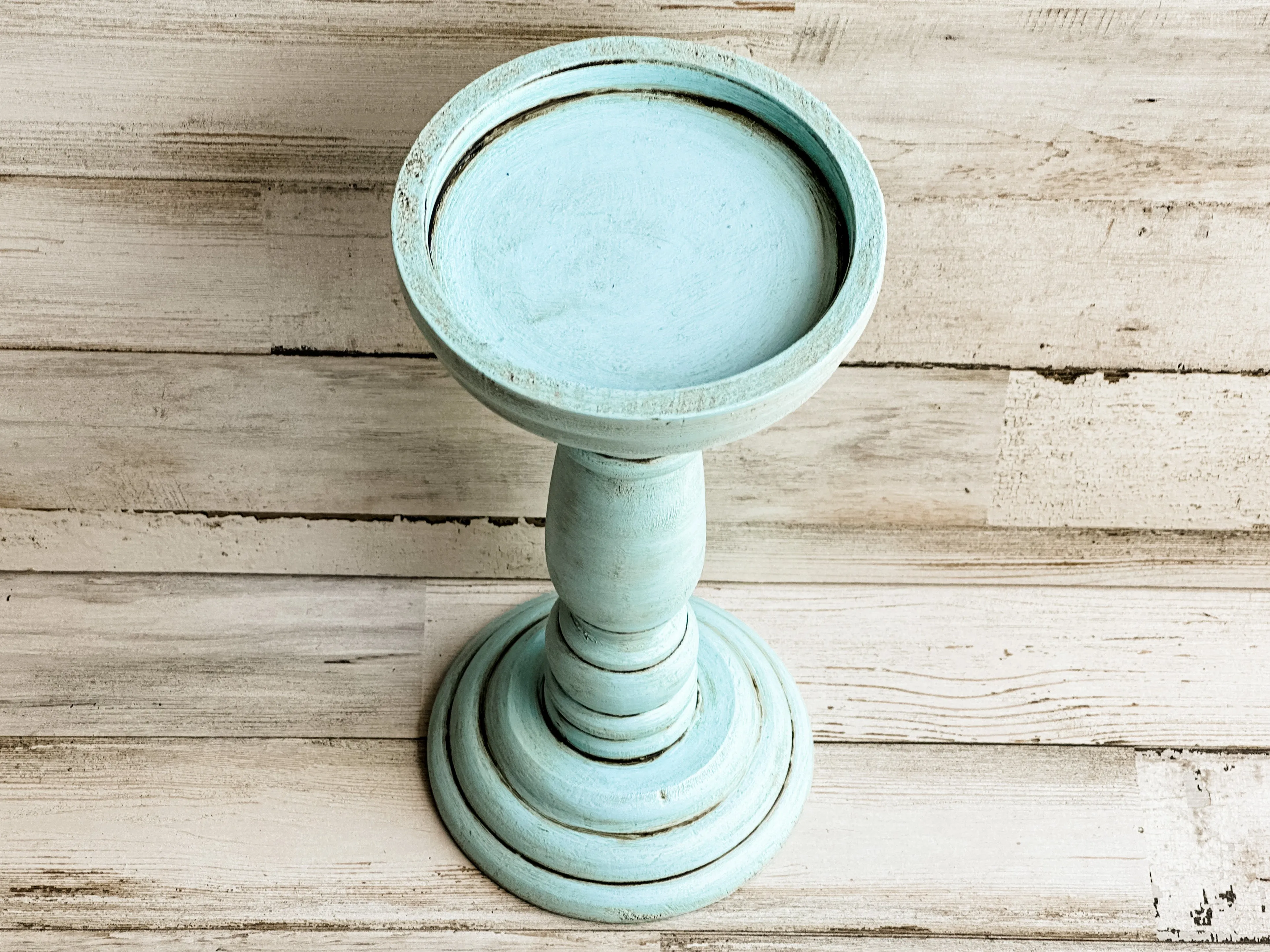 Robin's egg blue wooden pillar candle holder