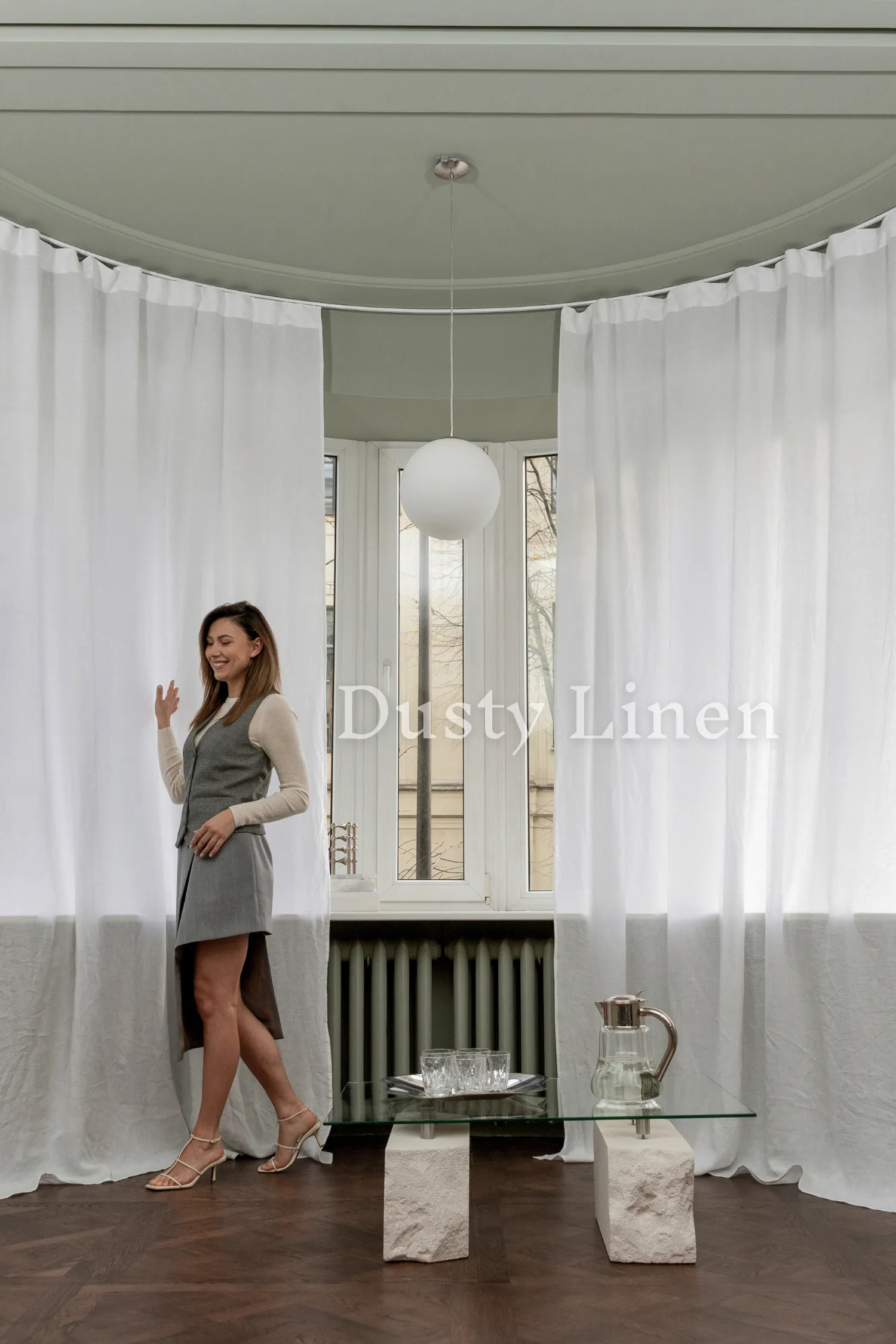Set of 2 linen curtains (Density: 175 g/m2) in White color