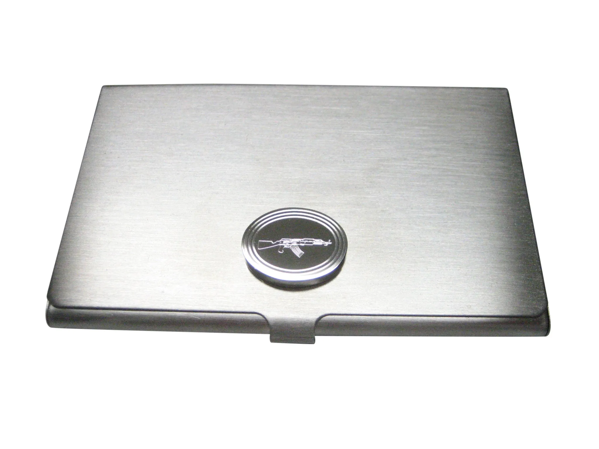 Silver Toned Etched Oval AK47 Rifle V4 Business Card Holder