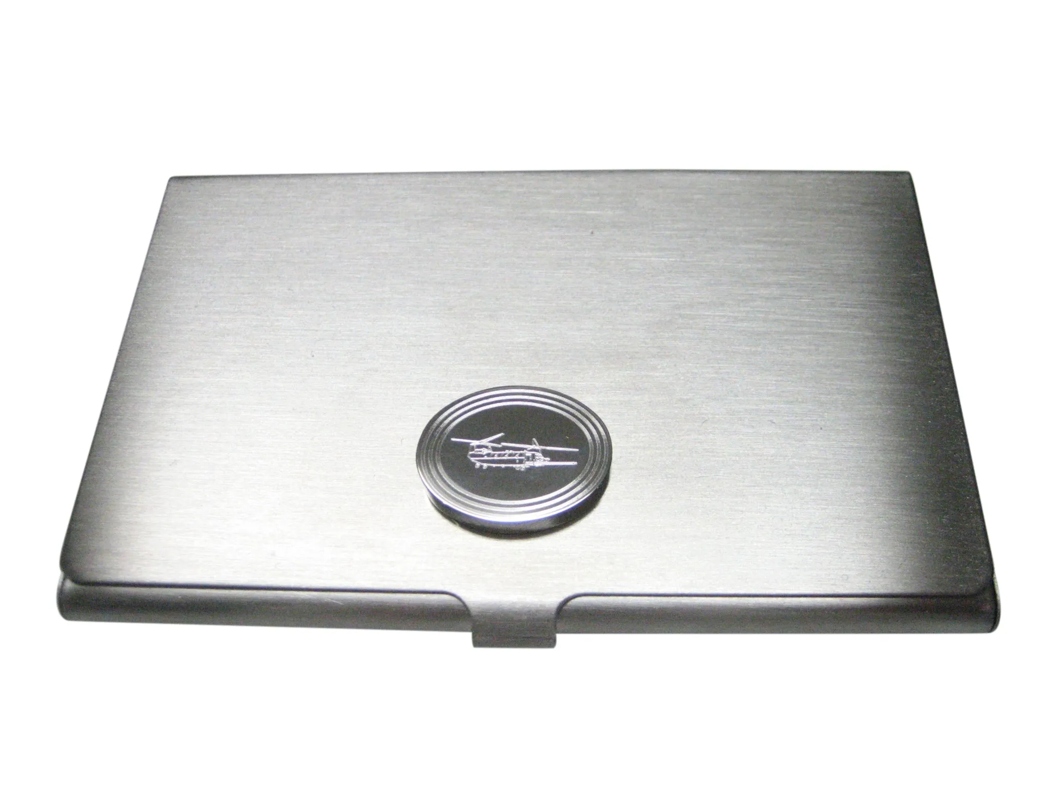 Silver Toned Etched Oval Chinook Helicopter Business Card Holder