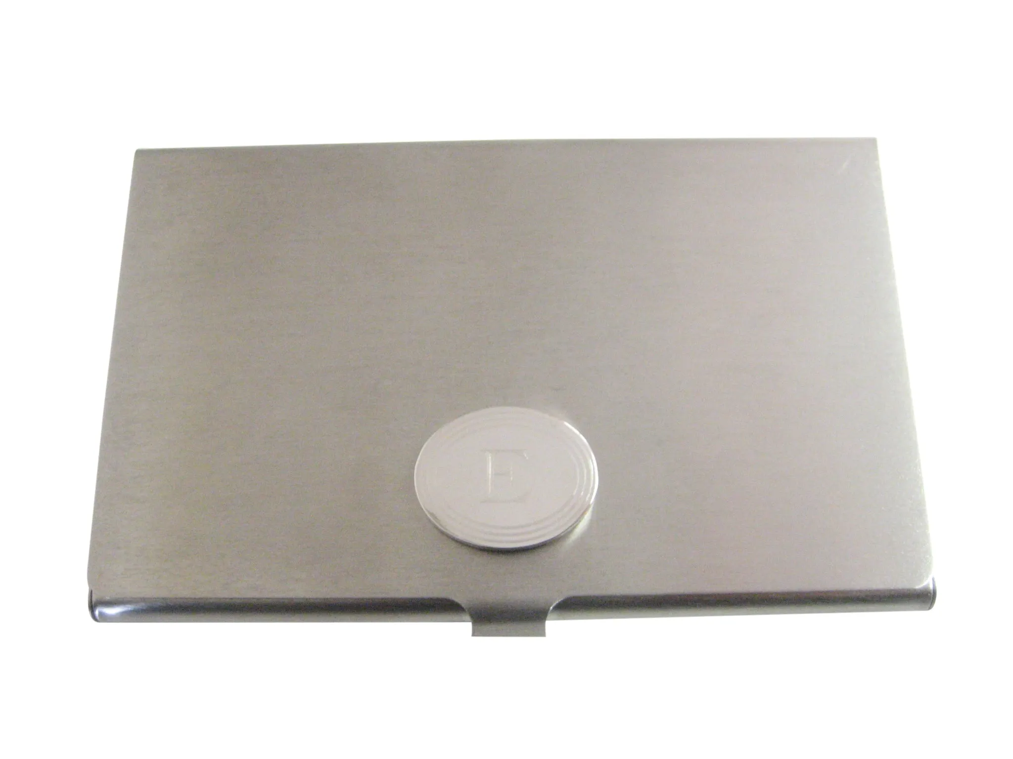 Silver Toned Etched Oval Letter E Monogram Business Card Holder