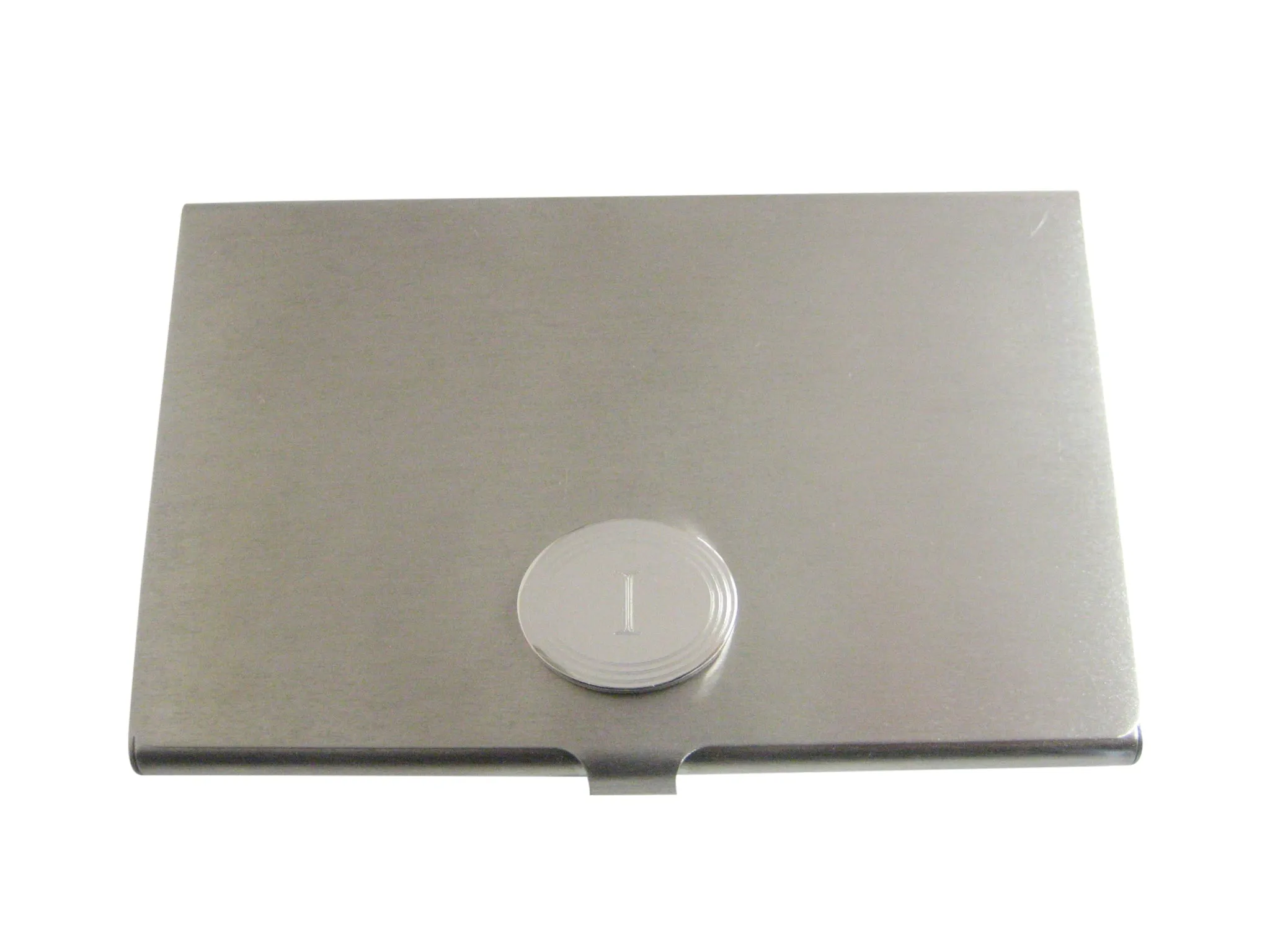 Silver Toned Etched Oval Letter I Monogram Business Card Holder
