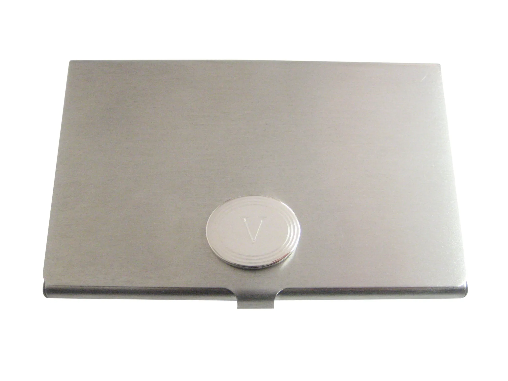 Silver Toned Etched Oval Letter V Monogram Business Card Holder