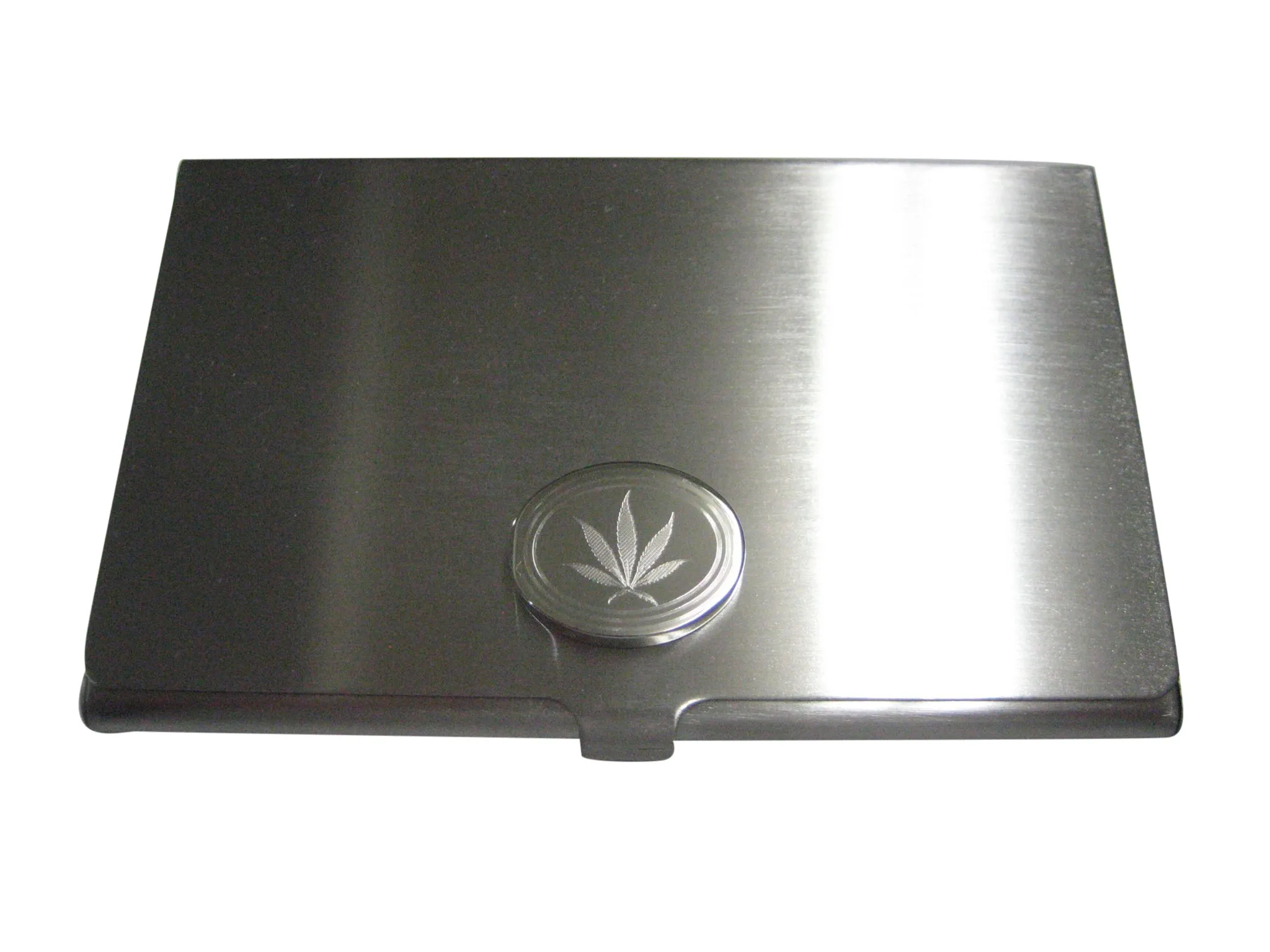 Silver Toned Etched Oval Marijuana Weed Leaf Business Card Holder