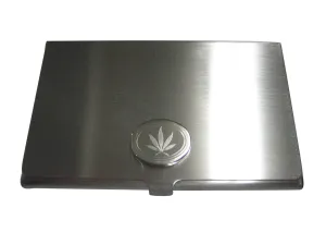 Silver Toned Etched Oval Marijuana Weed Leaf Business Card Holder