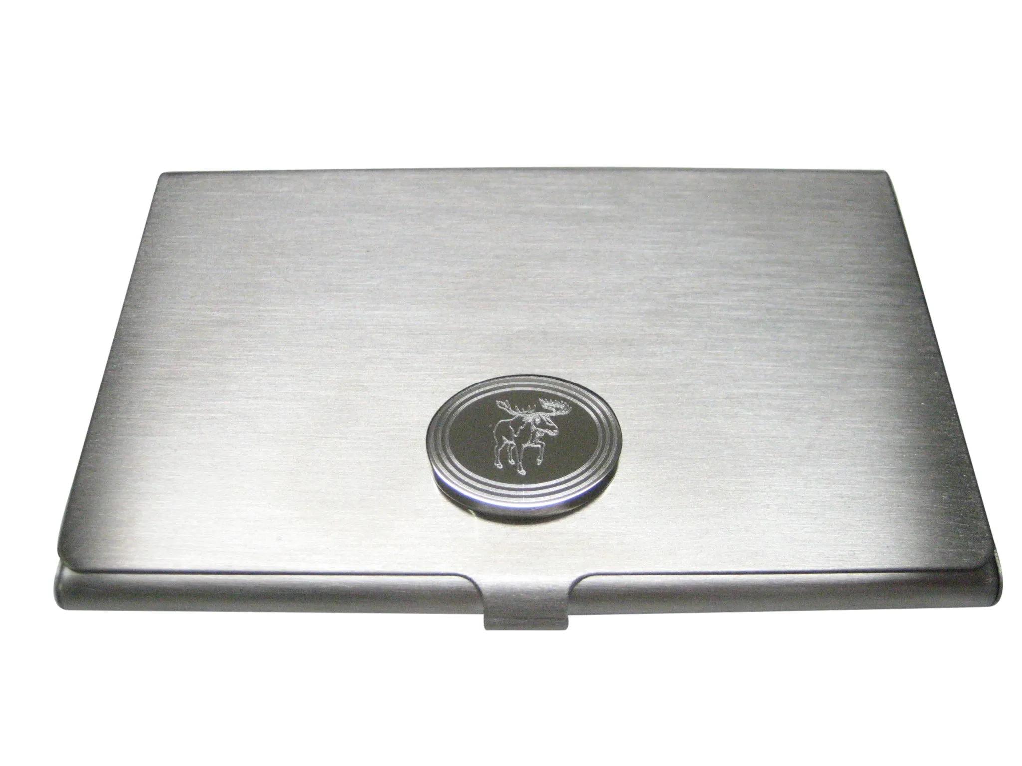 Silver Toned Etched Oval Moose Business Card Holder