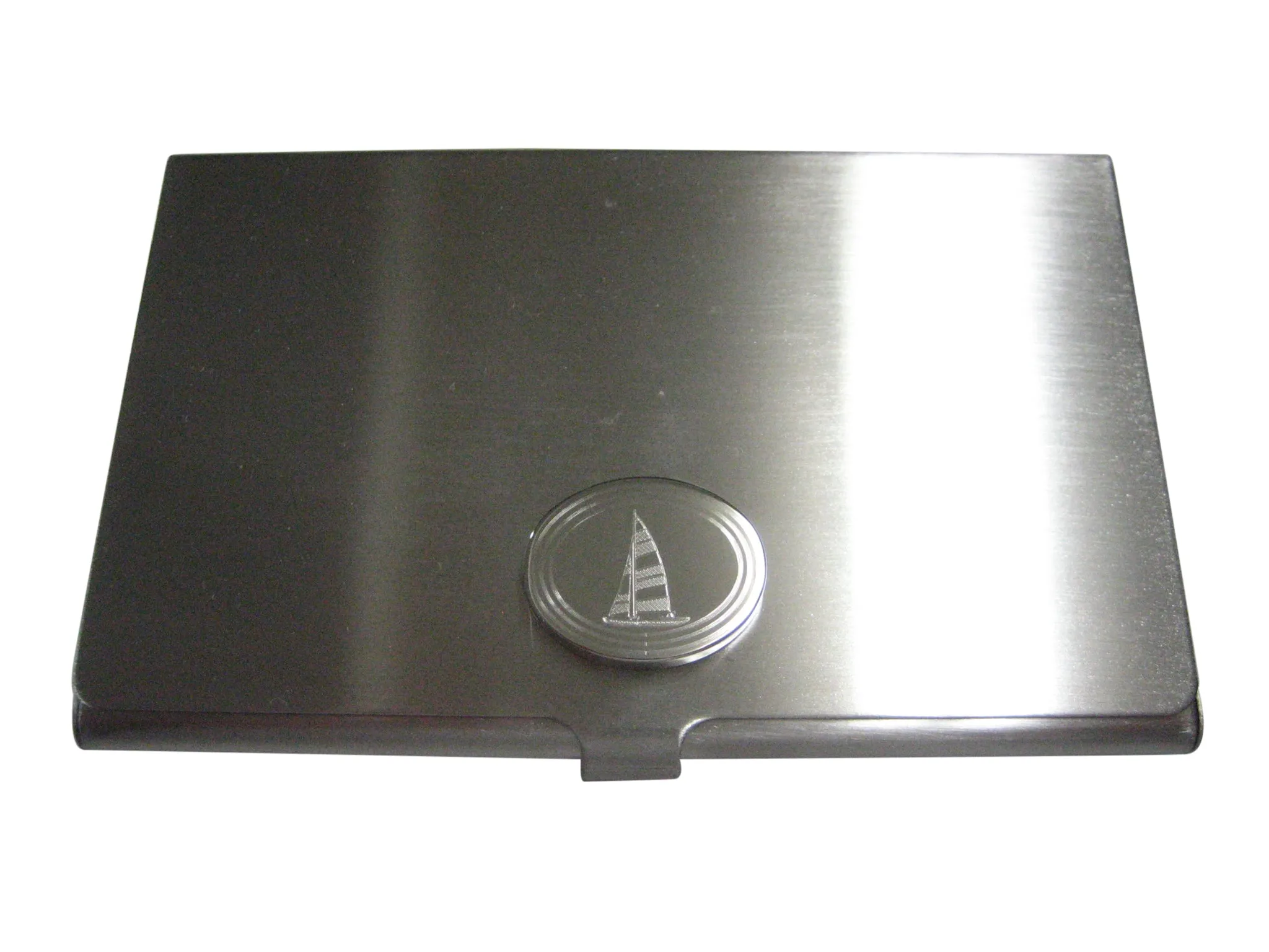 Silver Toned Etched Oval Nautical Sail Boat Business Card Holder