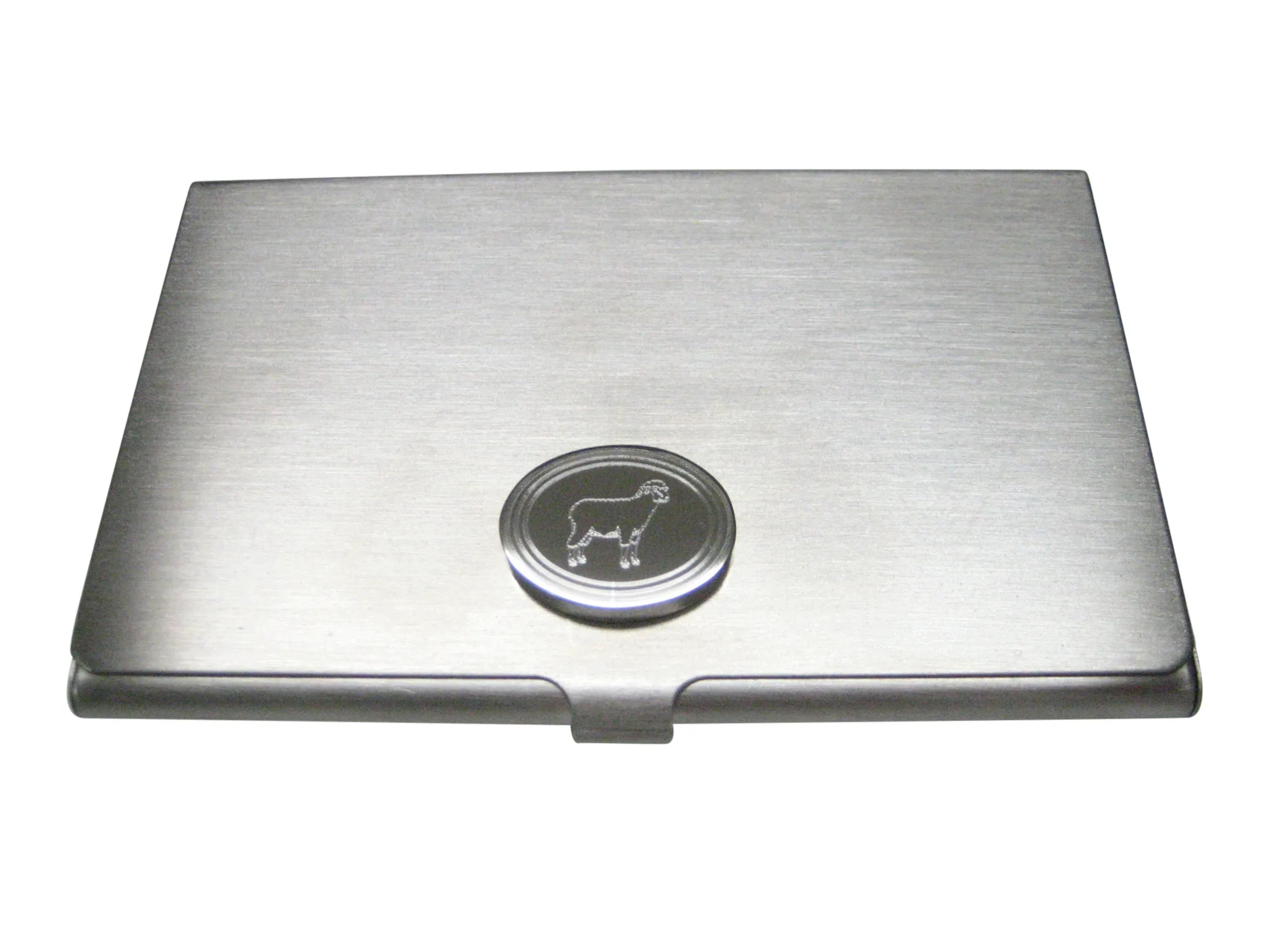 Silver Toned Etched Oval Sheep Business Card Holder