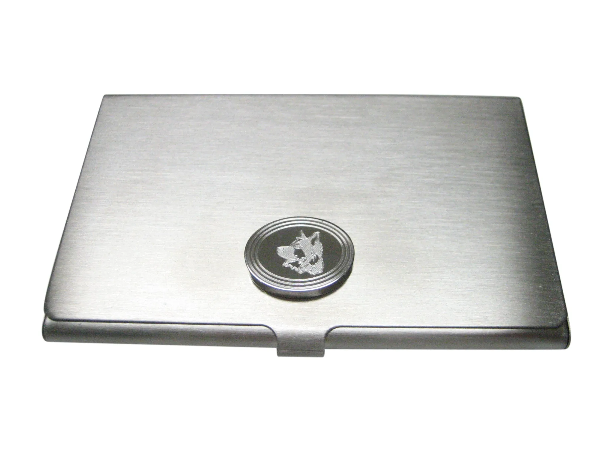 Silver Toned Etched Oval Side Facing Dog Head Business Card Holder