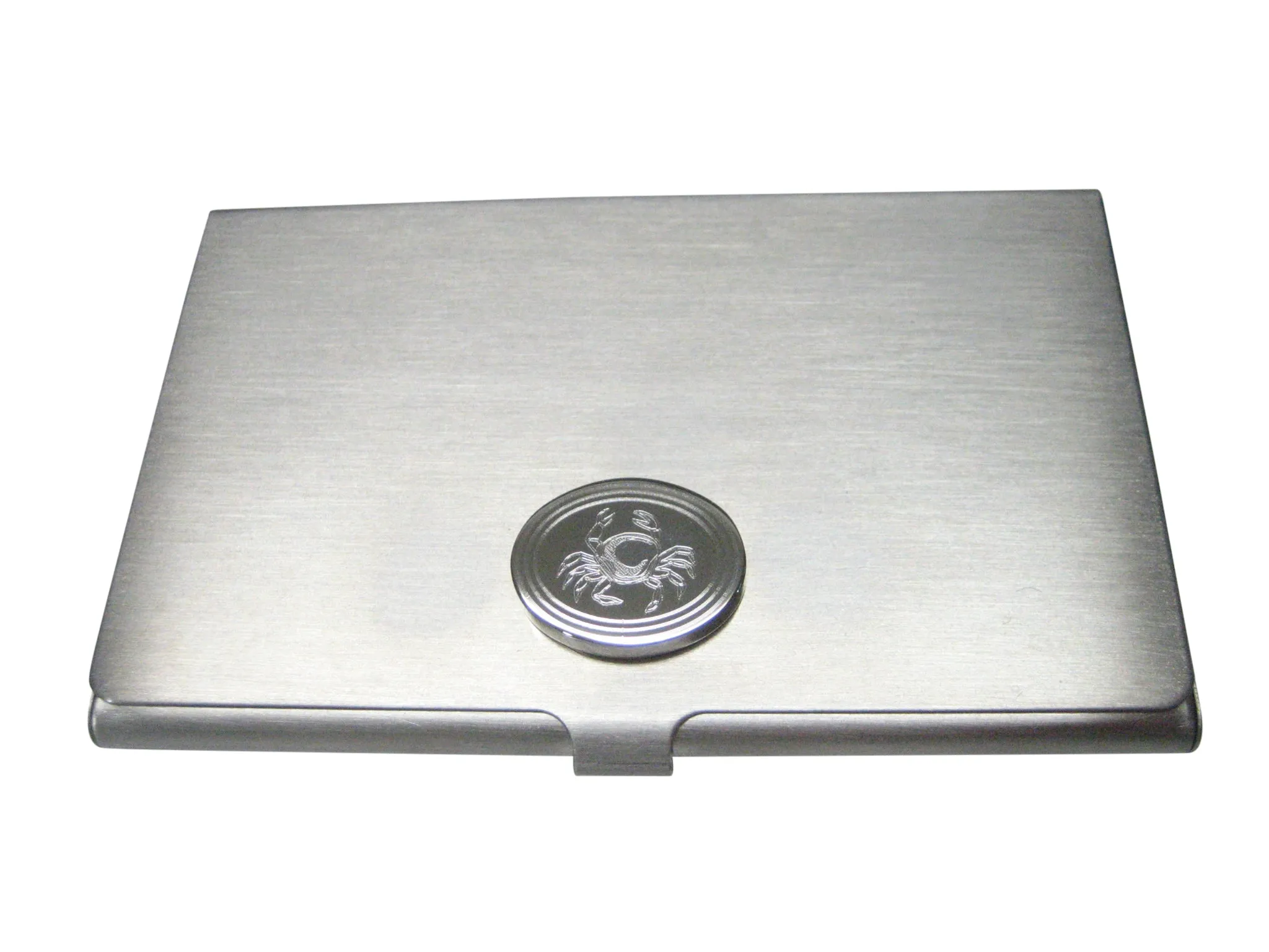 Silver Toned Oval Etched Crab Business Card Holder