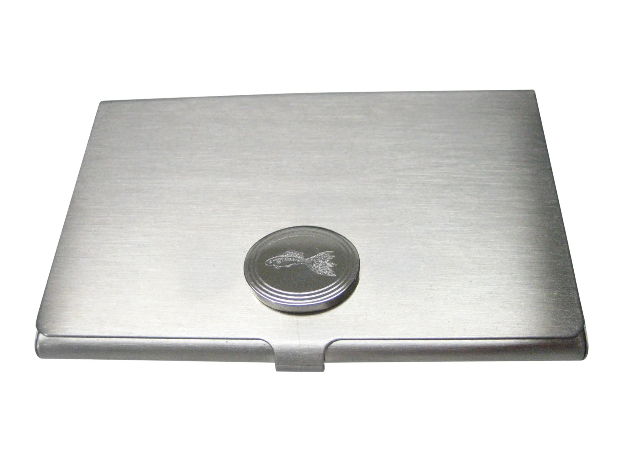 Silver Toned Oval Etched Guppy Fish Business Card Holder