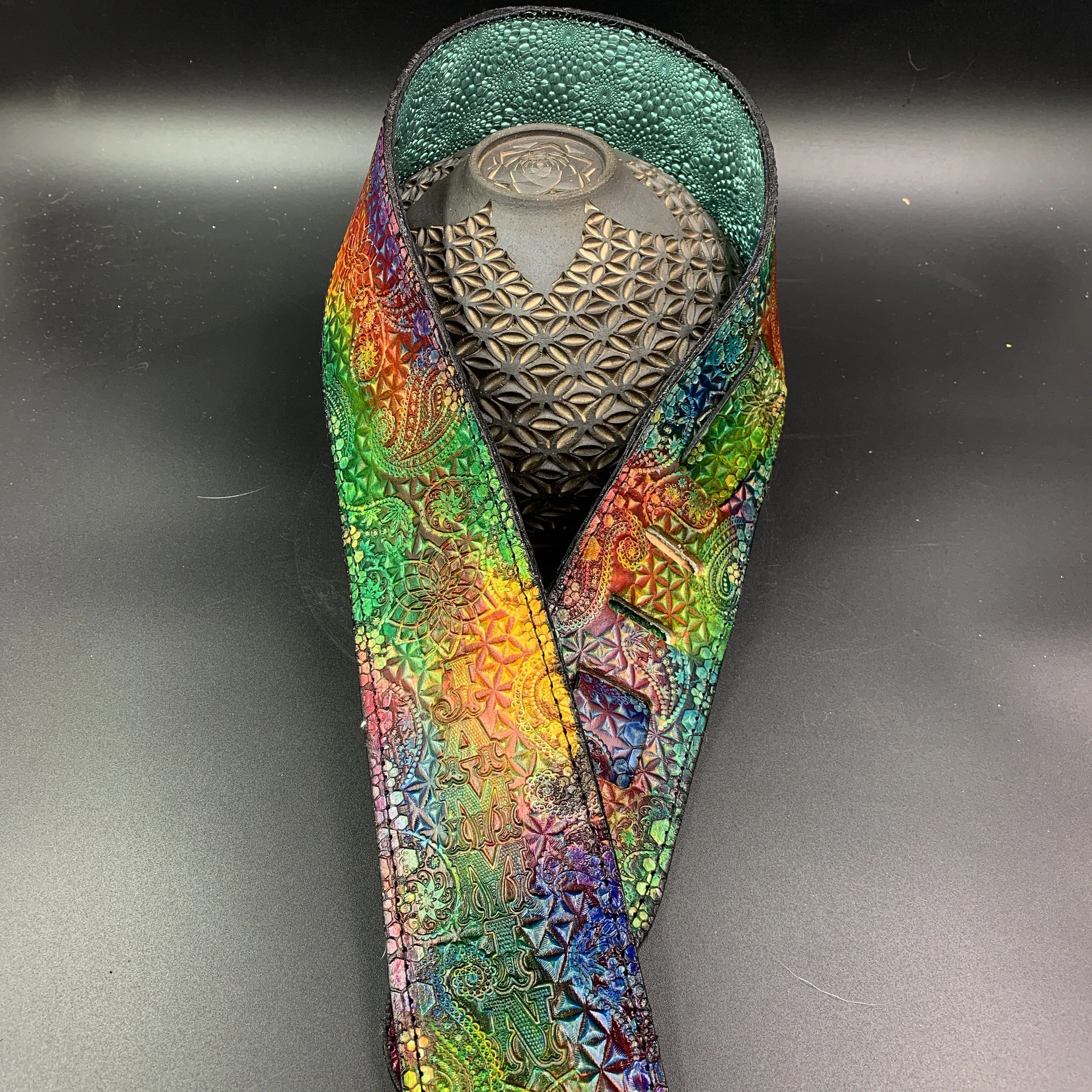 Stamped Leather Guitar Strap Lined- Grateful