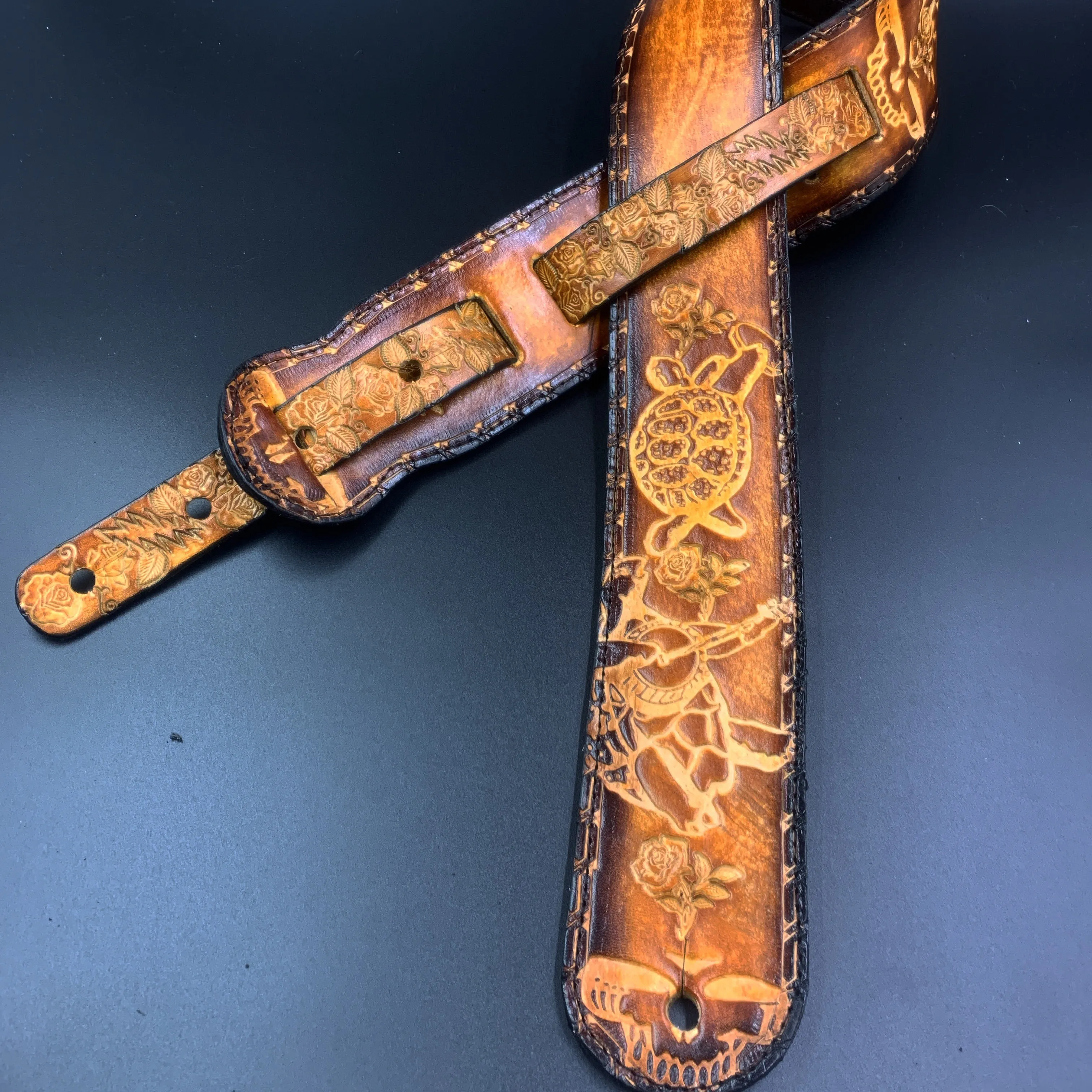 Stamped Leather Guitar Strap Lined- Grateful