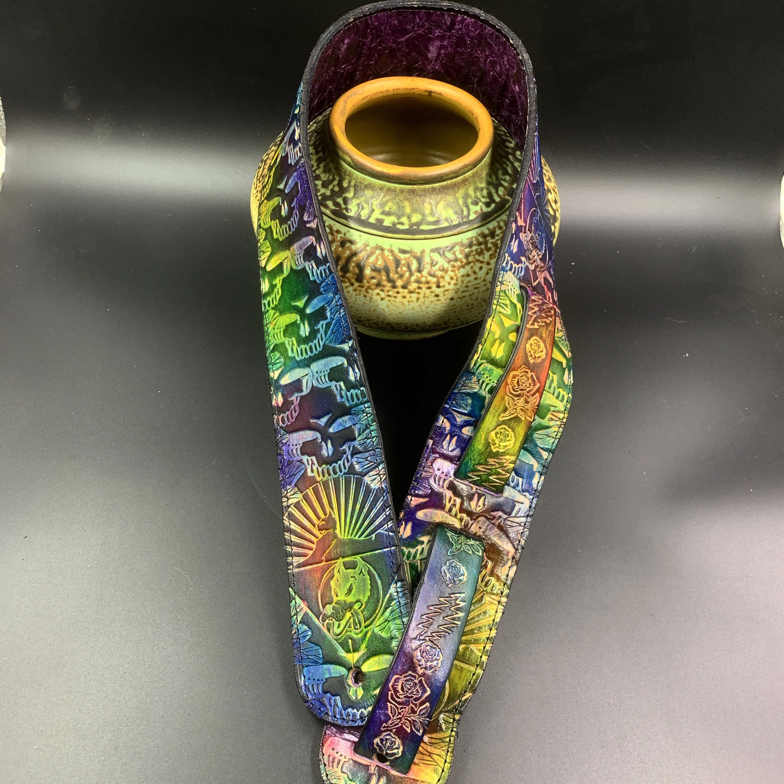 Stamped Leather Guitar Strap Lined- Grateful