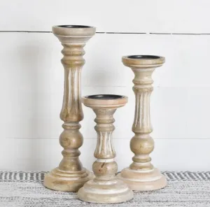 Stripe Carved Wood Candle Holders