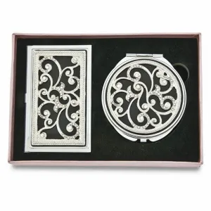 Swirl Crystal and Black Enamel Card Case And Mirror Gift Set