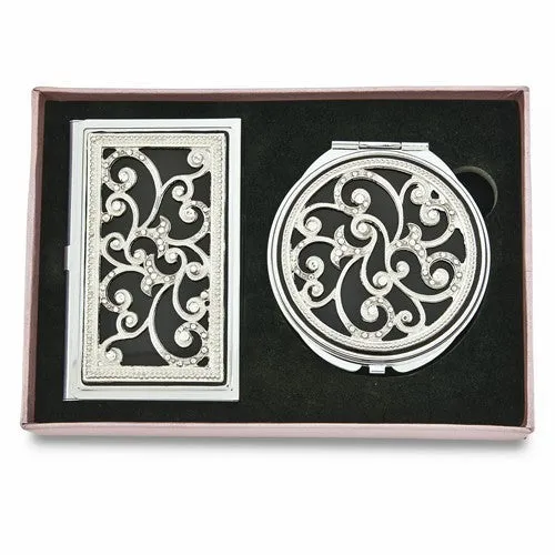 Swirl Crystal and Black Enamel Card Case And Mirror Gift Set