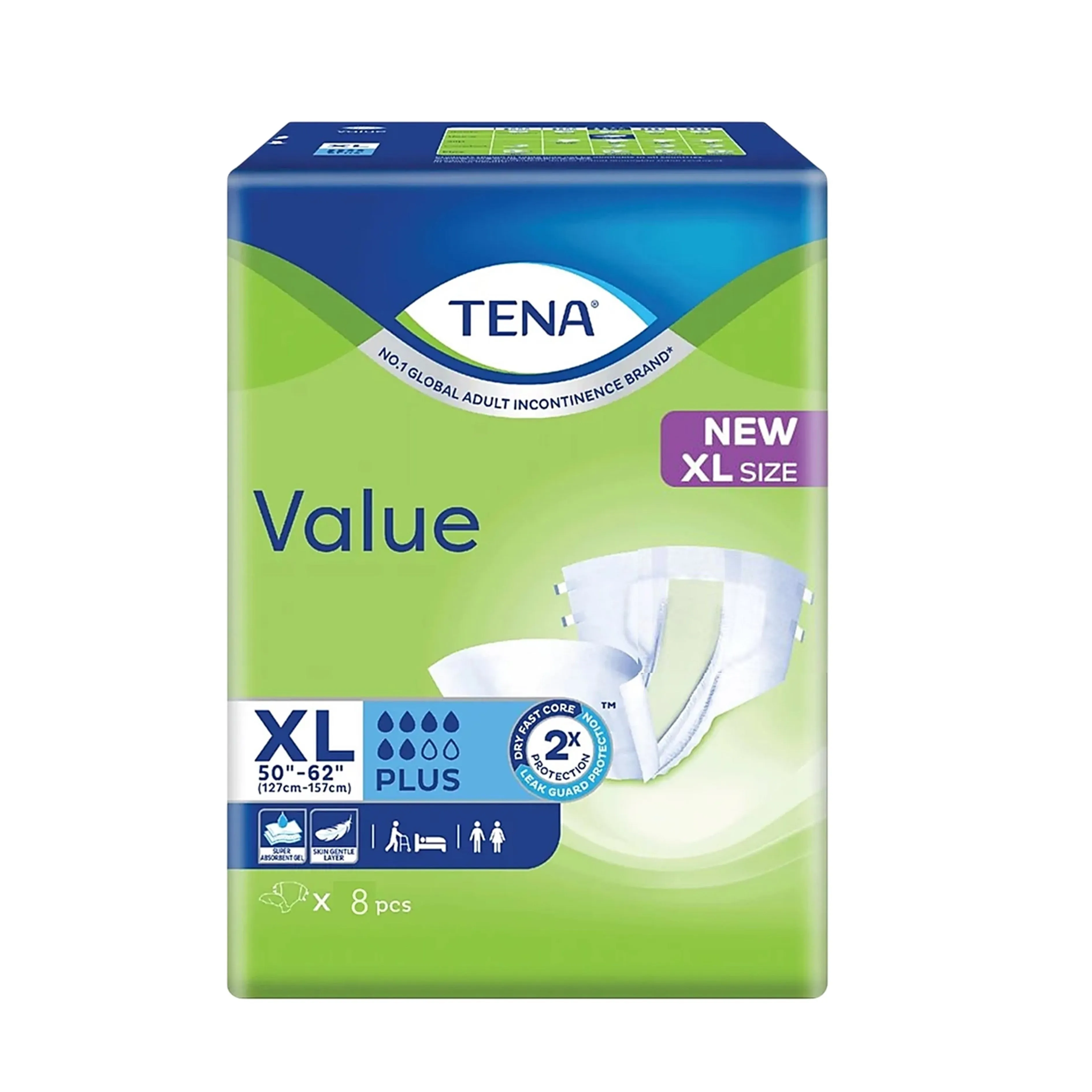 Tena Value Plus Adult Diapers Size XL 8's (127-157cm / 50-62 inches)