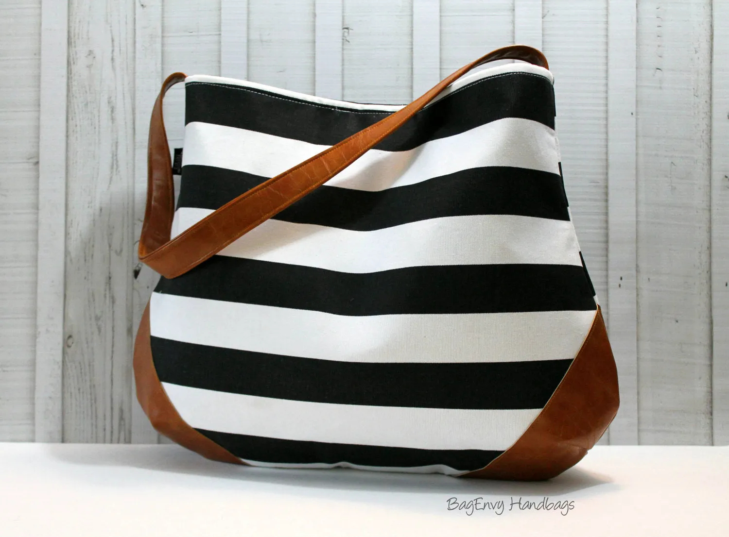 The Snoho Slouch Bag - Black and White Stripe with Vegan Leather