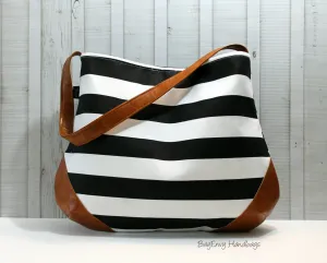 The Snoho Slouch Bag - Black and White Stripe with Vegan Leather
