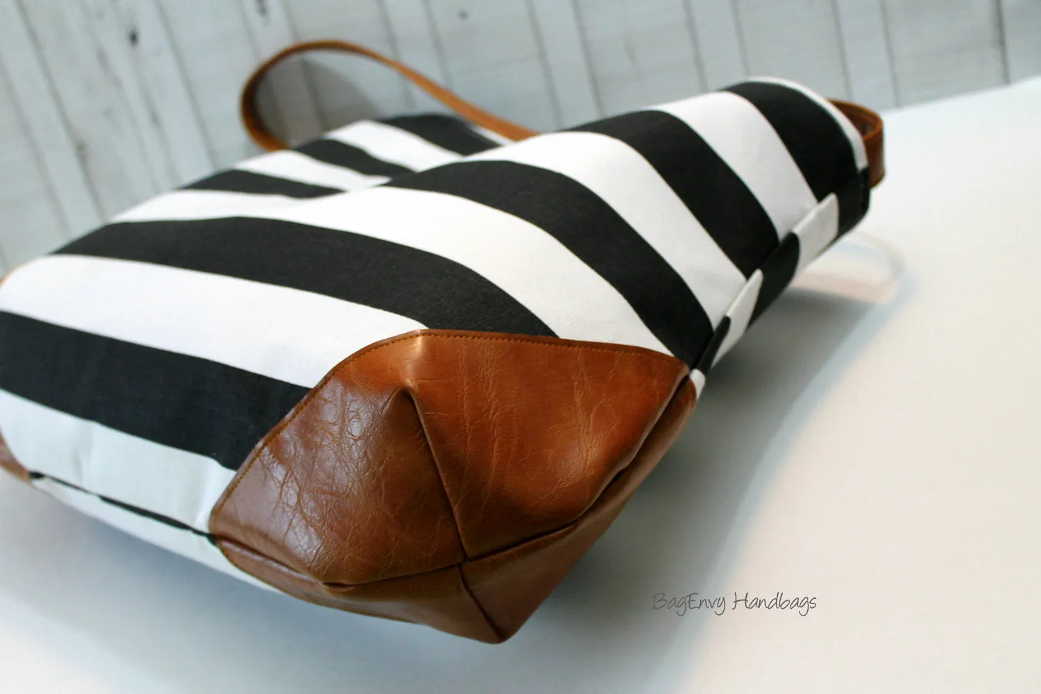 The Snoho Slouch Bag - Black and White Stripe with Vegan Leather