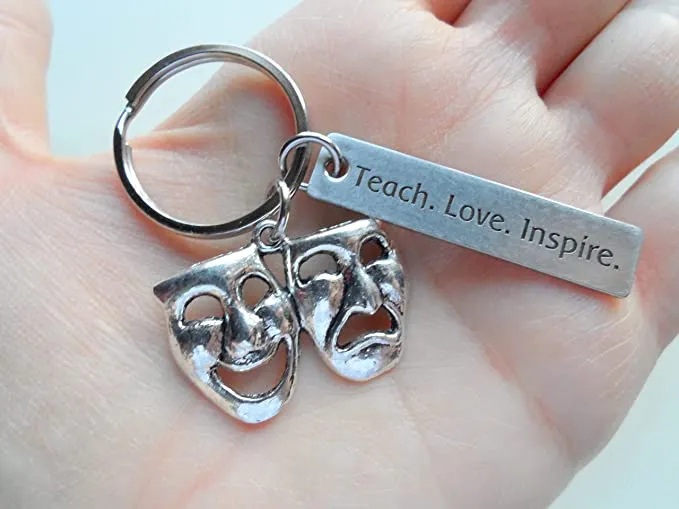 Theatre Teacher Keychain, Drama Masks Charm & Engraved Tag "Teach. Love. Inspire.", Acting Coach Keychain