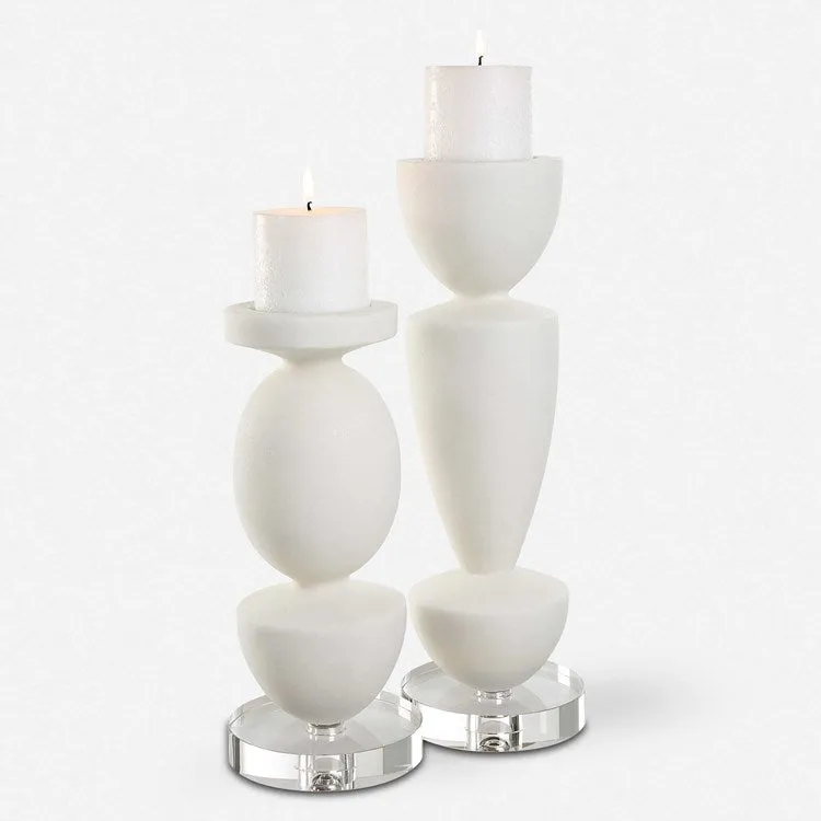 Uttermost Lido Sculptural Ivory Stone and Crystal Set of 2 Candle Holders ~ Candles Included