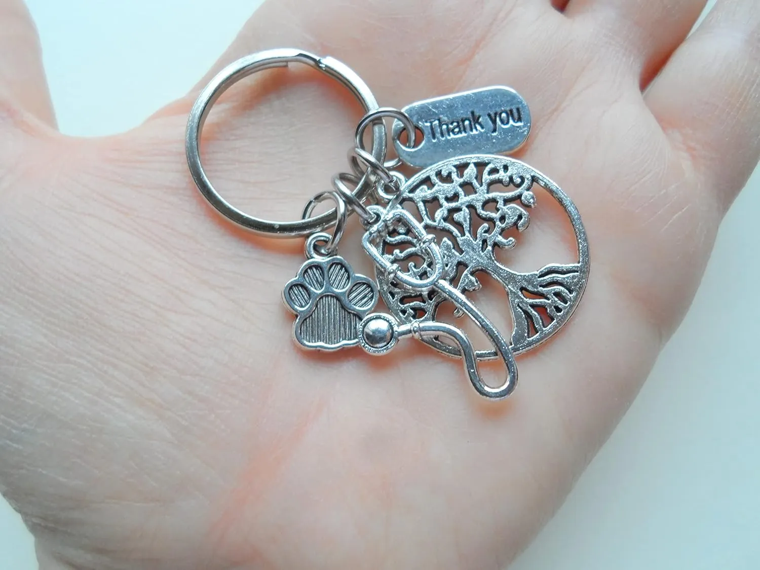 Veterinarian Appreciation Keychain, Veterinary Hospital Staff Gift, Pet & Animal Care Medical Professional; Tree, Paw Print, Stethoscope, & Thank You Charm Keychain