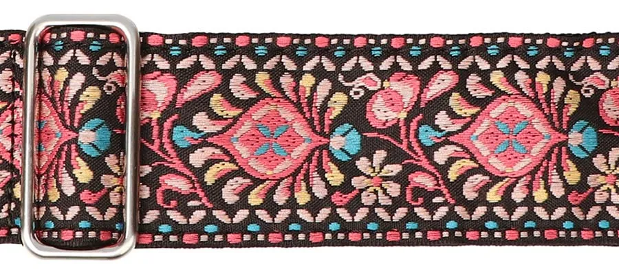Vintage Jacquard Weave Premium Guitar Strap Cotton/Leather - Pink & Blue