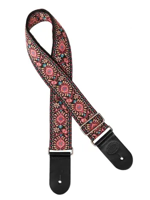 Vintage Jacquard Weave Premium Guitar Strap Cotton/Leather - Pink & Blue