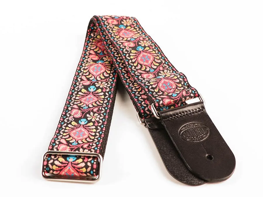 Vintage Jacquard Weave Premium Guitar Strap Cotton/Leather - Pink & Blue