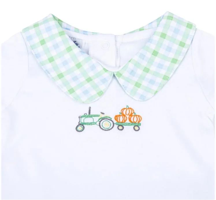 Vintage Pumpkin Picking Embroidered Collared Diaper Cover Set - Blue