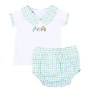 Vintage Pumpkin Picking Embroidered Collared Diaper Cover Set - Blue