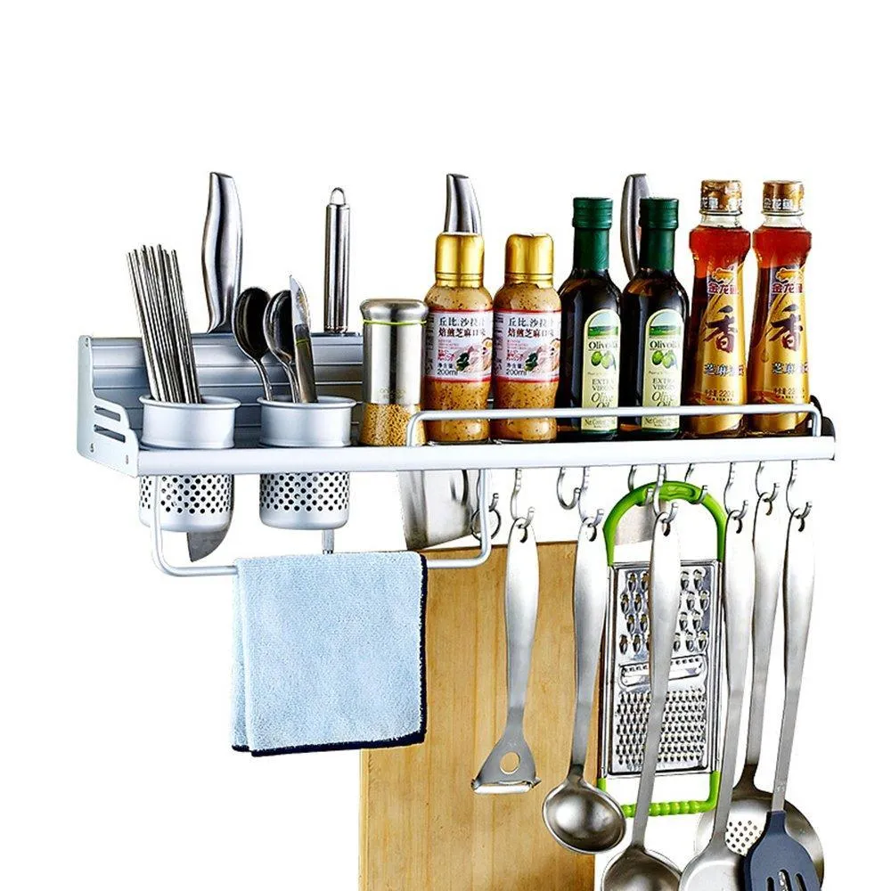 Wall Pot Rack,Wall Hanging Shelf 20 inch Kitchen Cookware Organizer with Pot Hook & Knife Holder & 2 Utensil Cup & Spice Rack & Towel Rack for RV/ Hotel /Restaurant /Bar (Aluminum) By Focipow