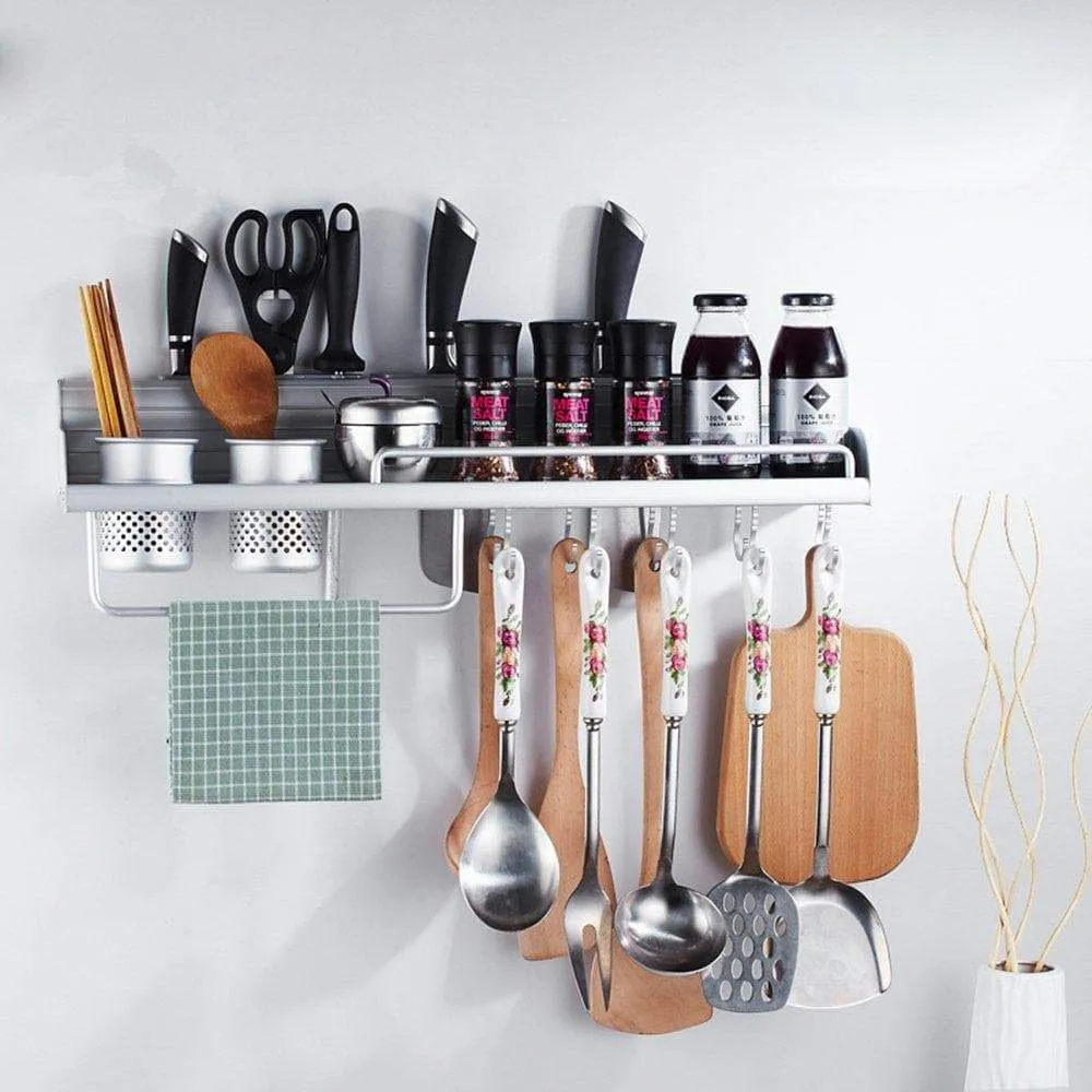 Wall Pot Rack,Wall Hanging Shelf 20 inch Kitchen Cookware Organizer with Pot Hook & Knife Holder & 2 Utensil Cup & Spice Rack & Towel Rack for RV/ Hotel /Restaurant /Bar (Aluminum) By Focipow