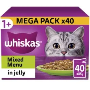 Whiskas 1  Mixed Menu Adult Wet Cat Food Pouches in Jelly 40pk, 85g