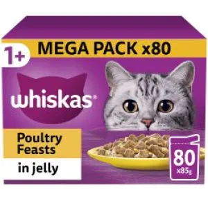 Whiskas 1  Poultry Feasts Adult Wet Cat Food Pouches in Jelly 80PK, 85g
