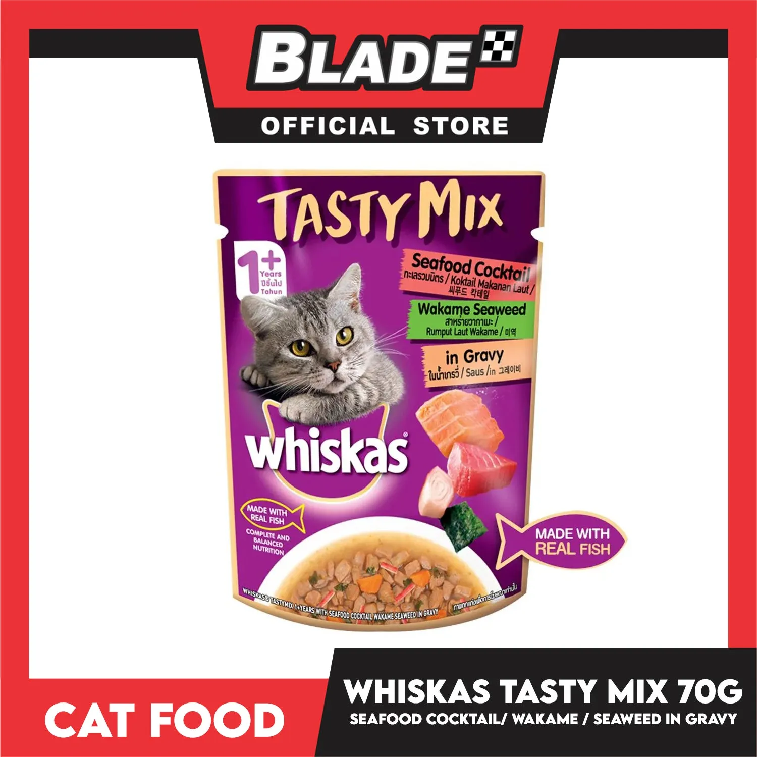 Whiskas Tasty Mix For Adult 1  Year Cat Food 70g (Seafood Cocktail Wakame Seaweed In Gravy) Cat Wet Food, Cat Pouch Food