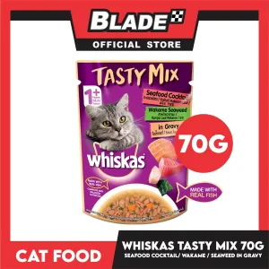 Whiskas Tasty Mix For Adult 1  Year Cat Food 70g (Seafood Cocktail Wakame Seaweed In Gravy) Cat Wet Food, Cat Pouch Food