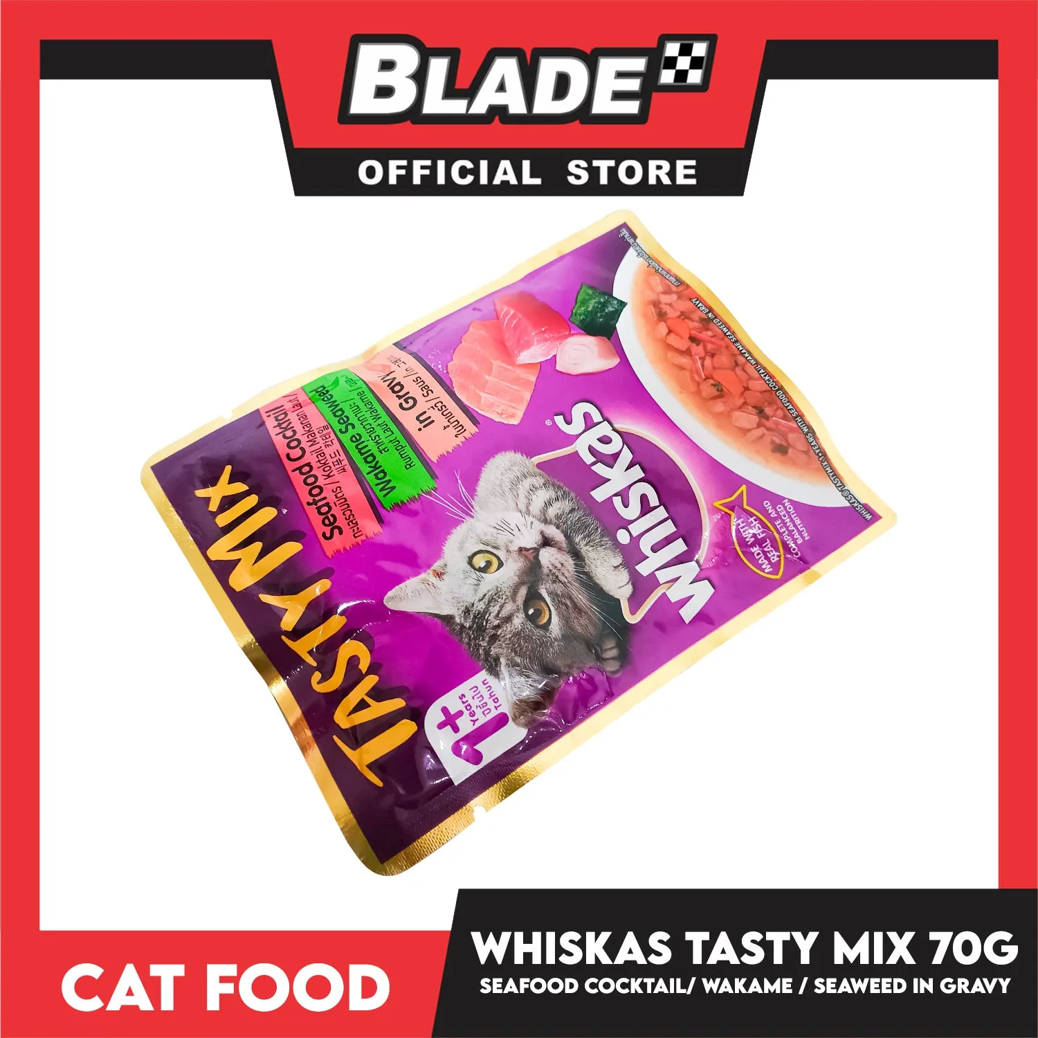 Whiskas Tasty Mix For Adult 1  Year Cat Food 70g (Seafood Cocktail Wakame Seaweed In Gravy) Cat Wet Food, Cat Pouch Food