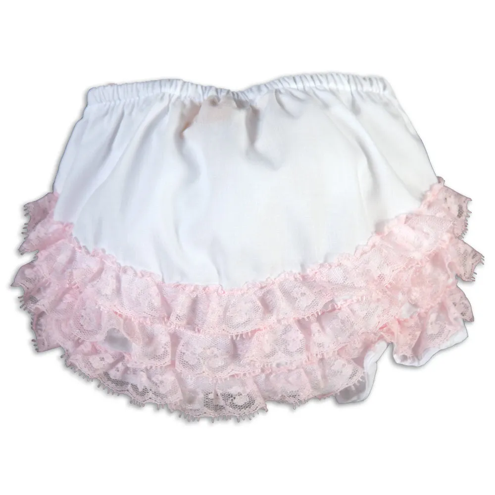 White Diaper Cover with Pink Ruffled Lace